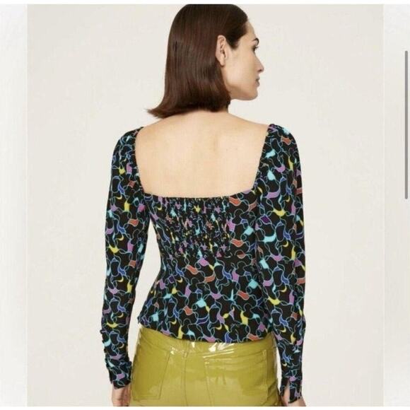 STAUD Women Multicolor Abstract Print Blouse Size 4 Sweetheart Neckline Keyhole - Picture 2 of 12